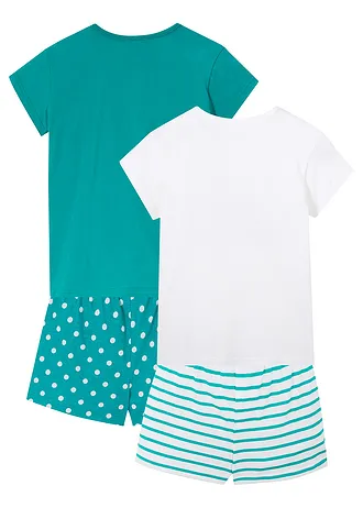 Lot de 2 pyjashorts 100% coton à manches courtes, Couleur: émeraude-blanc