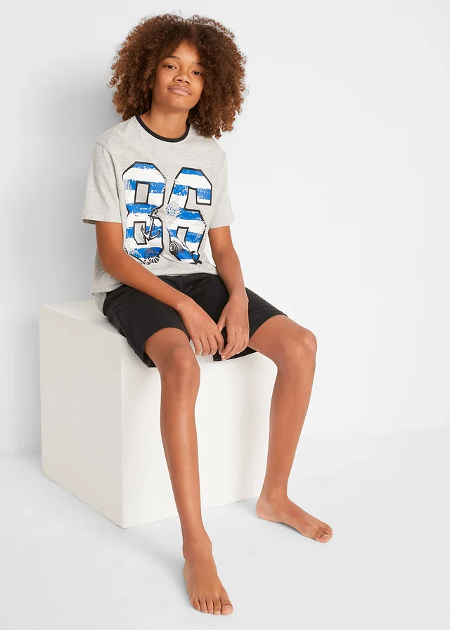 Jongens shortama met katoen (4-dlg. set), Kleur: blauw gestreept-donkerblauw+grijs gemêleerd met print-zwart