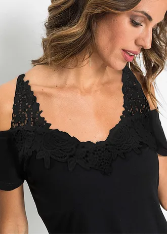 Cold shoulder shirt met kant • zwart • bonprix online shop
