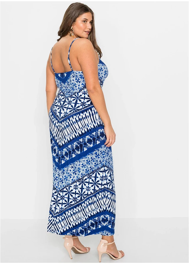 Robe longue à bretelles, Couleur: bleu/blanc imprimé