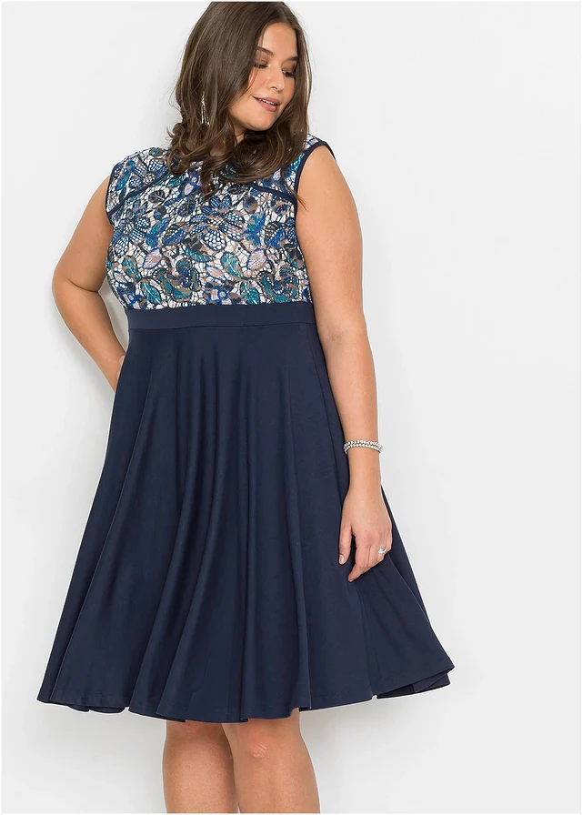 Midi jurk met kant, Kleur: donkerblauw gebloemd