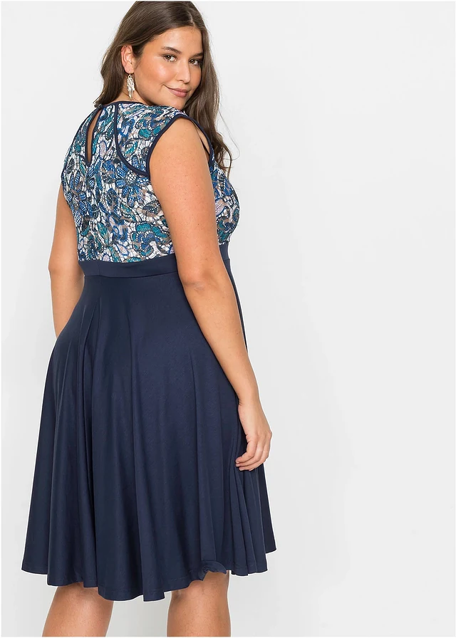 Midi jurk met kant, Kleur: donkerblauw gebloemd