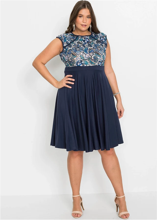Midi jurk met kant, Kleur: donkerblauw gebloemd
