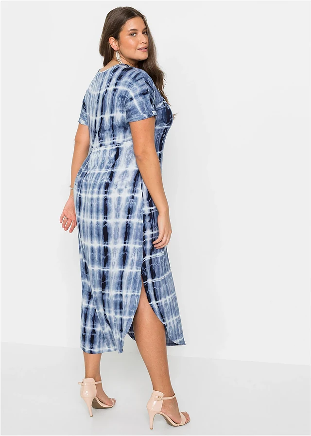 Robe longue en viscose fluide, Couleur: bleu/blanc imprimé