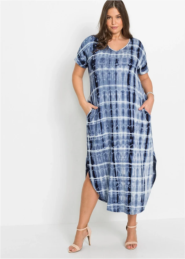 Robe longue en viscose fluide, Couleur: bleu/blanc imprimé