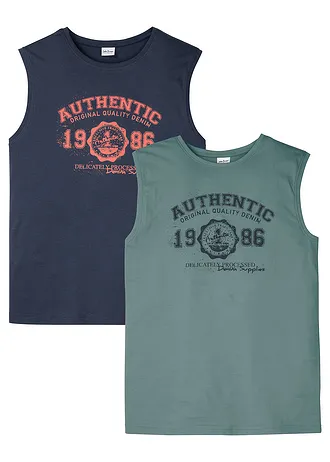 Muscle shirt van biologisch katoen (set van 2), Kleur: mineraalblauw met print+donkerblauw met print