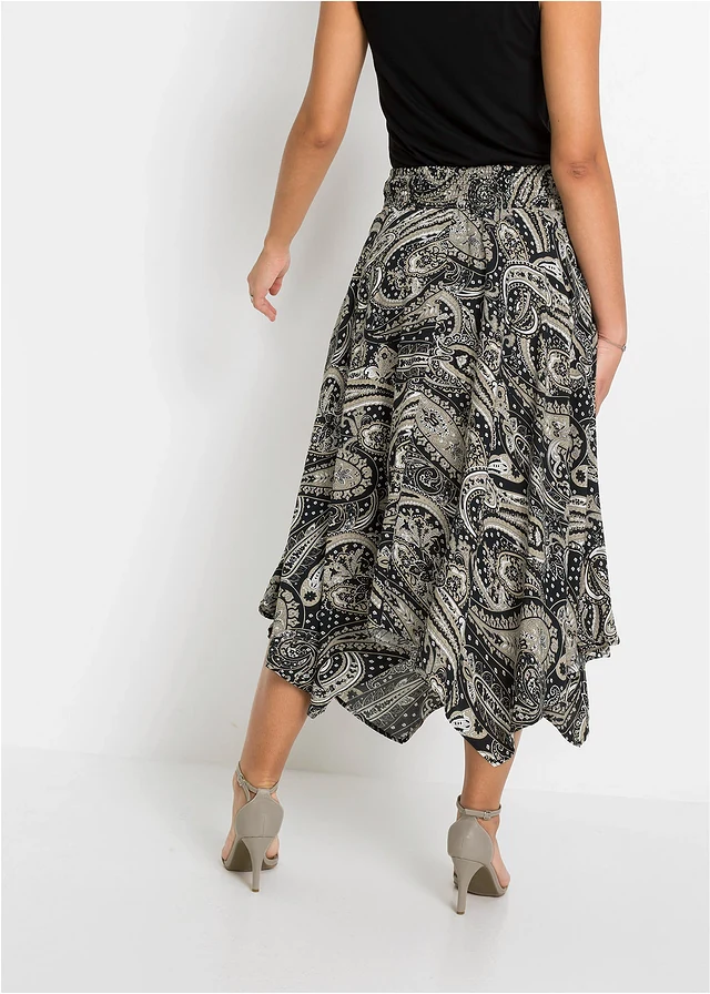 Rok van pure viscose, Kleur: zwart-zandbeige paisley