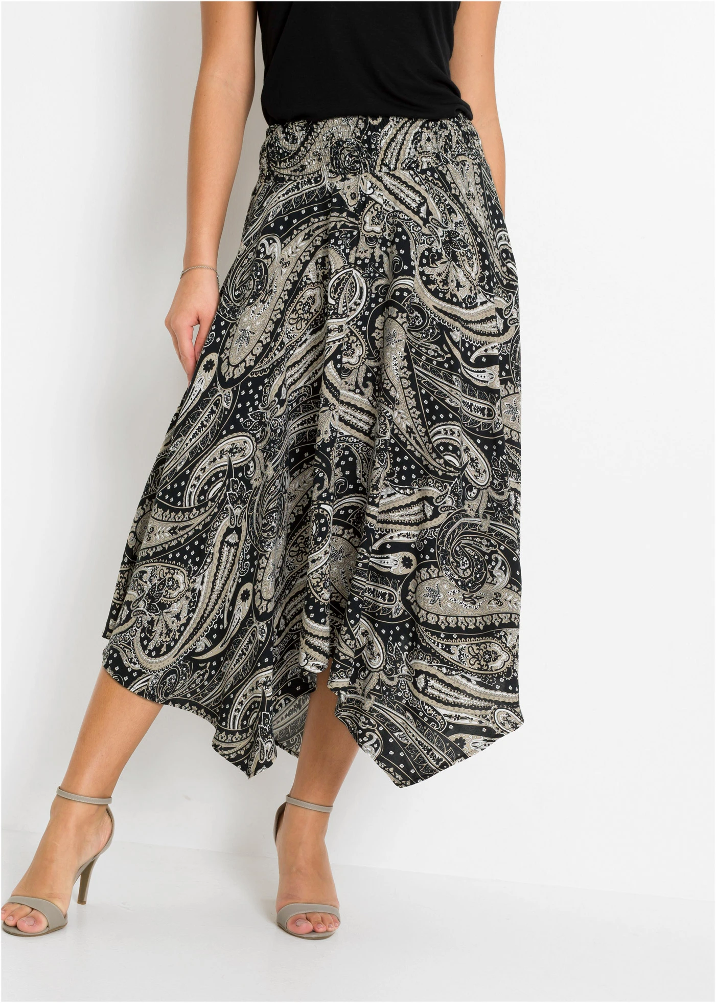 Asymmetrische rok van pure viscose • zwart-sandbeige paisley • bonprix online shop
