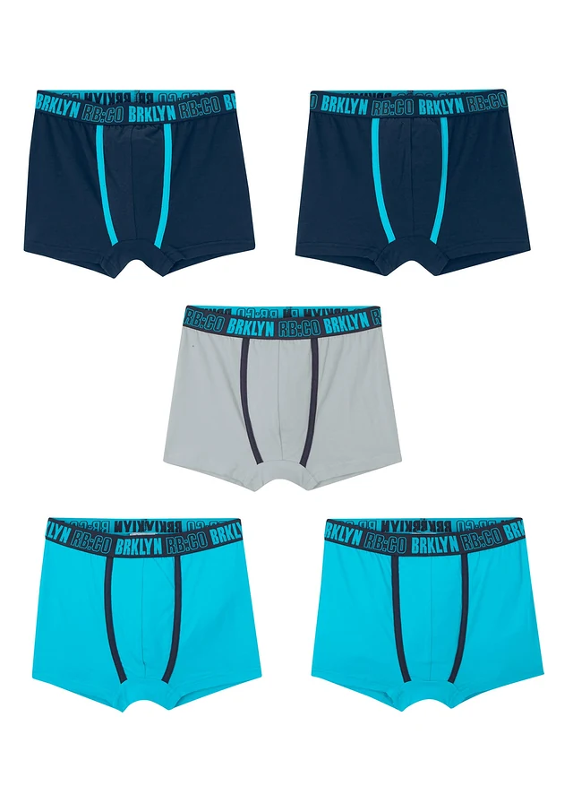Lot de 5 boxers en coton doux et extensible, Couleur: bleu foncé+bleu caraïbes+gris acier