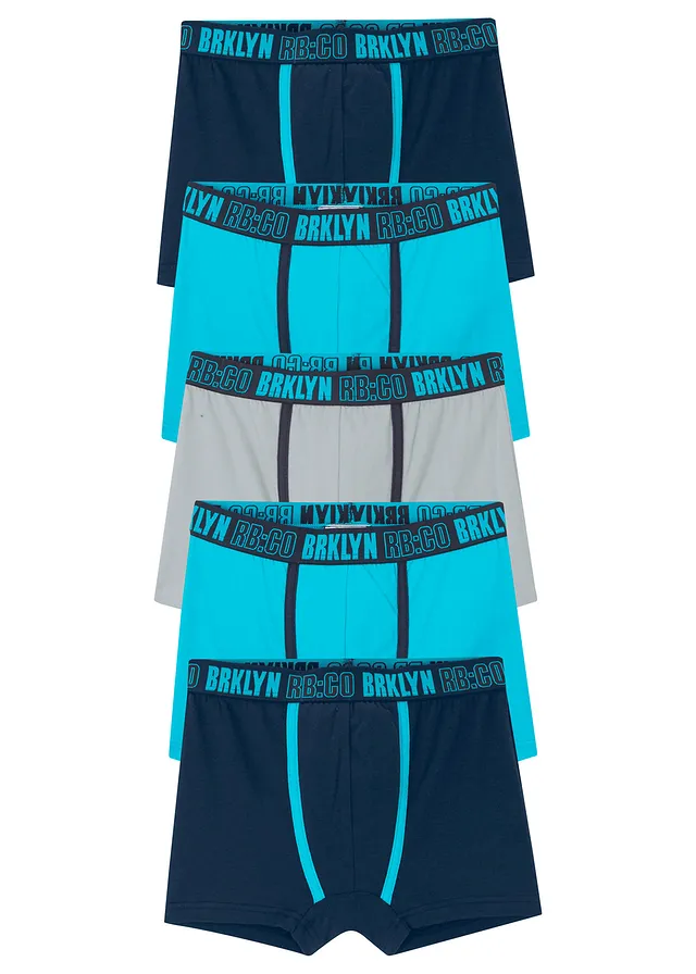 Lot de 5 boxers en coton doux et extensible, Couleur: bleu foncé+bleu caraïbes+gris acier