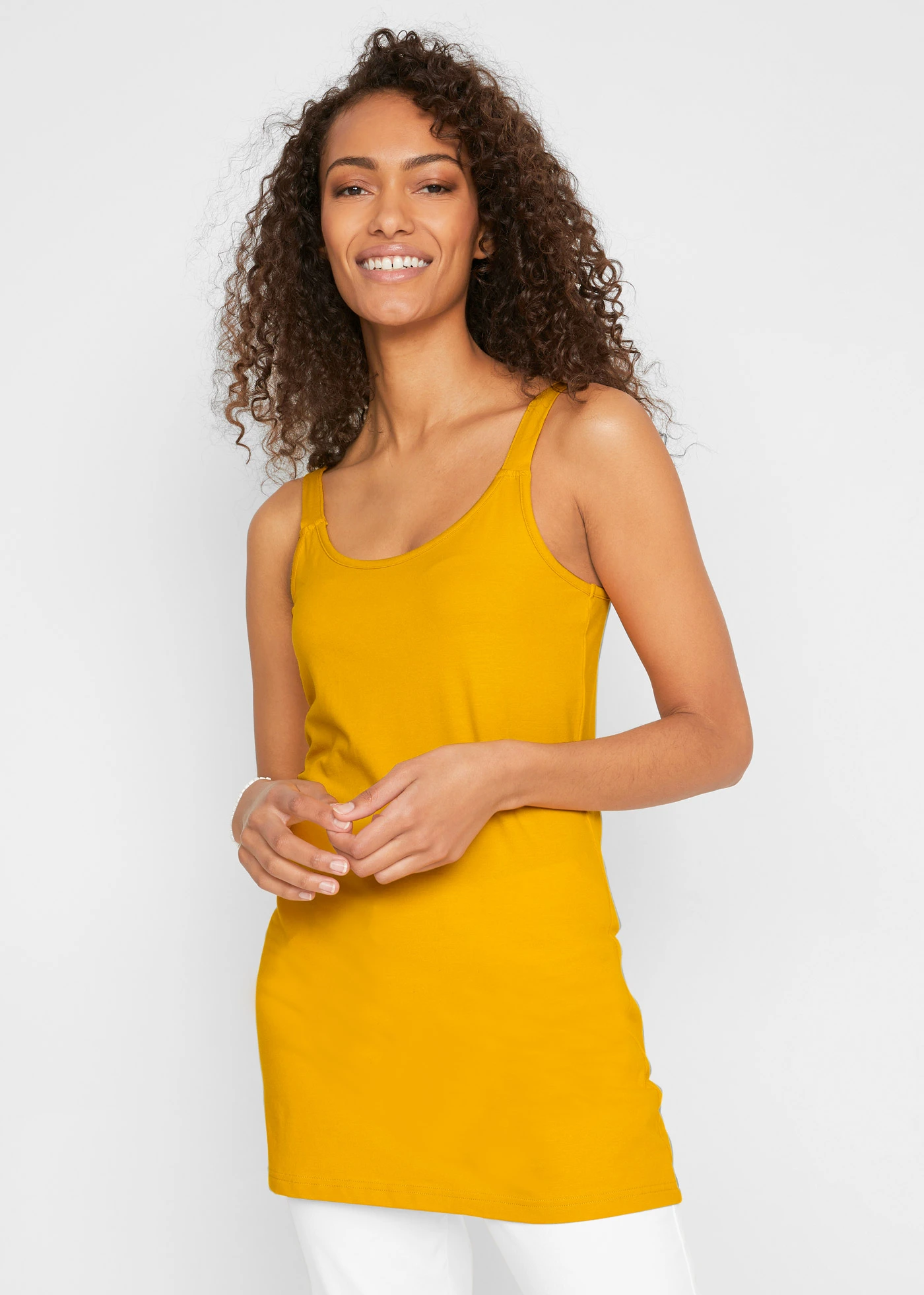 Katoenen longtop met verstelbare schouderbandjes (set van 2) • saffraangeel - donkerblauw • bonprix online shop