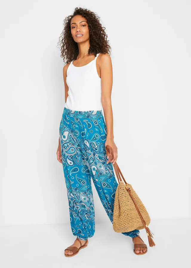 Sarouel fluide en jersey viscose, Couleur: turquoise paisley