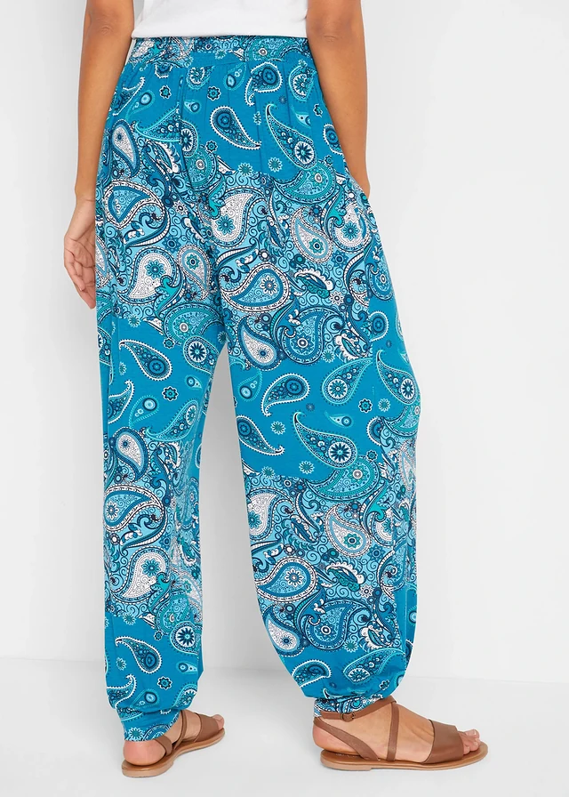 Gedessineerde jersey harembroek van soepele viscose, Kleur: turkoois paisley