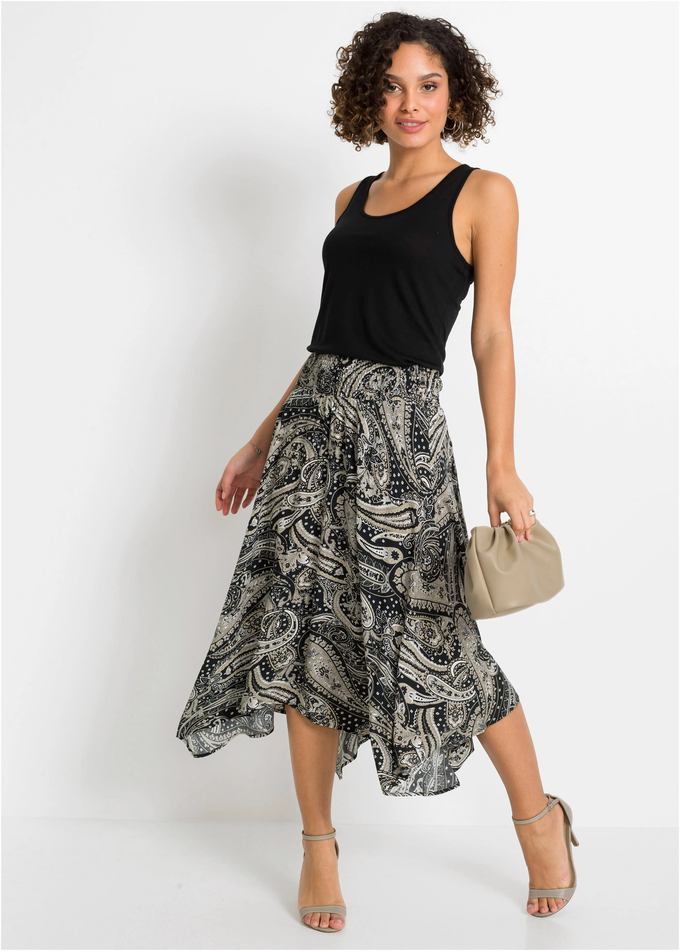 Fustă midi cu model asimetric, 100% din viscoză • negru bej-nisipiu paisley • magazin bonprix