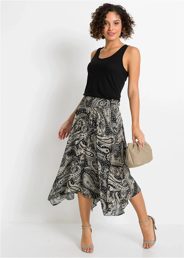 Jupe midi asymétrique 100% viscose, Couleur: noir/beige sable paisley