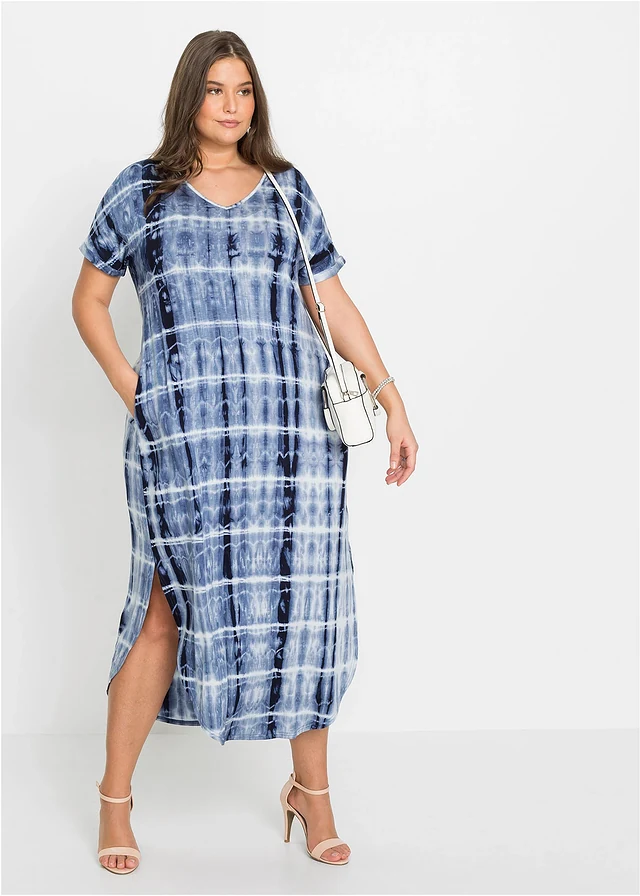 Robe longue en viscose fluide, Couleur: bleu/blanc imprimé