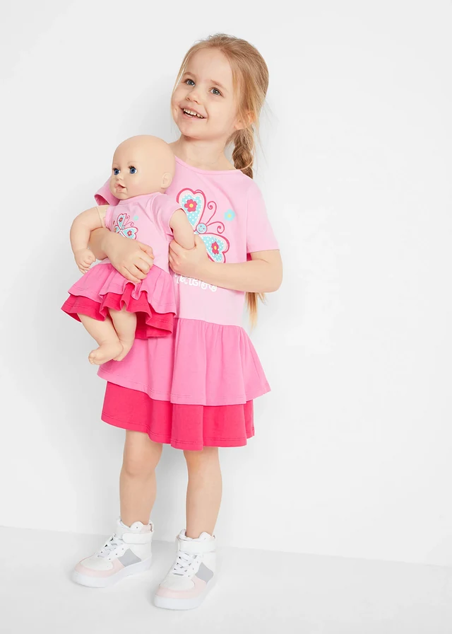 Meisjes jurk en poppenjurk (2-dlg. set) van biologisch katoen, Kleur: roze-pink