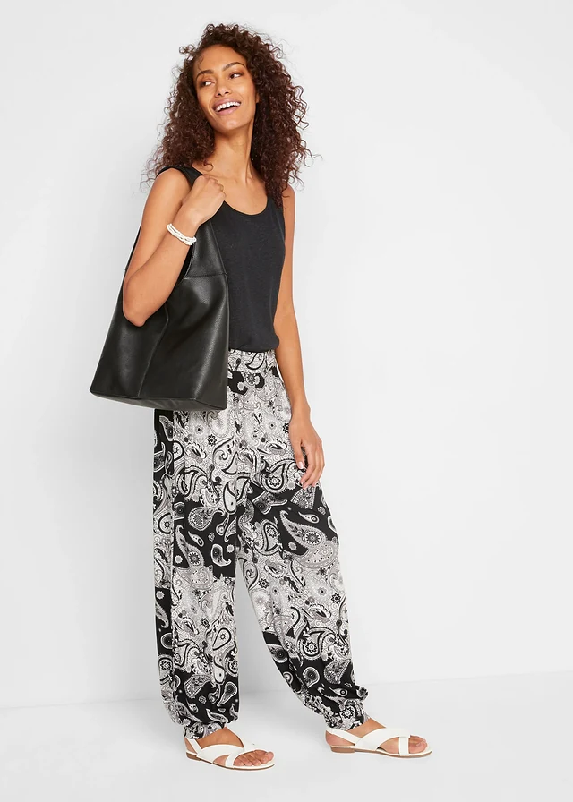 Gedessineerde jersey harembroek van soepele viscose, Kleur: zwart paisley