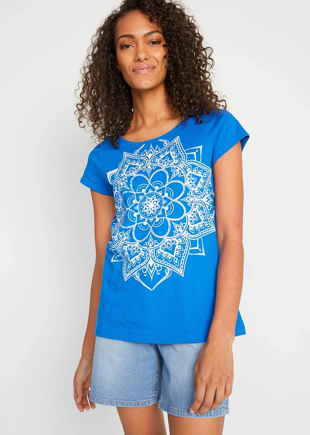 T-shirt fil flammé manches courtes, Couleur: bleu azur imprimé graphique
