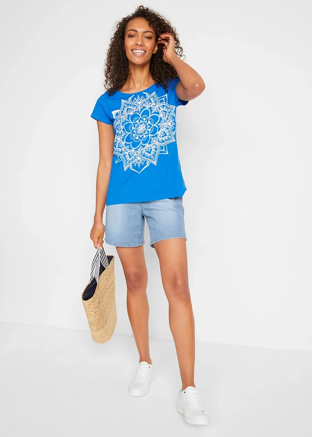 T-shirt fil flammé manches courtes, Couleur: bleu azur imprimé graphique