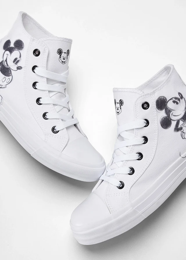 Baskets montantes Disney Mickey en toile coton, Couleur: blanc/noir