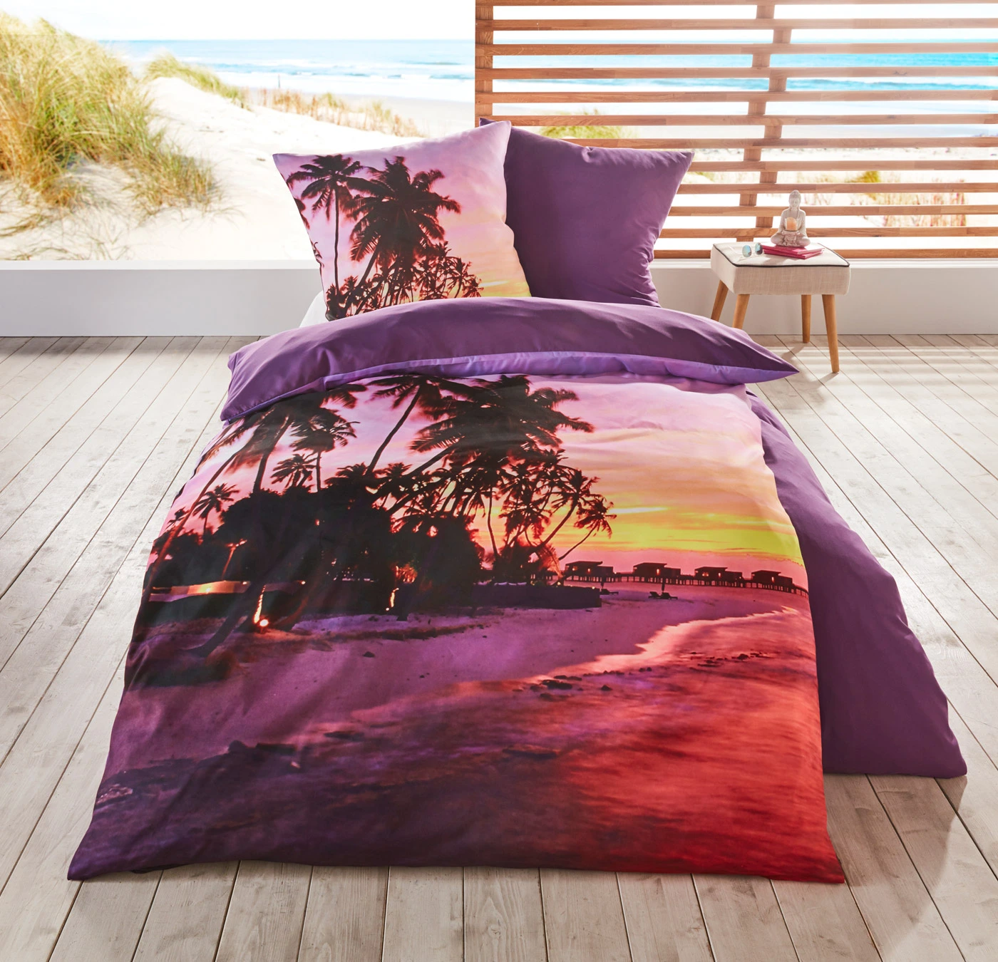 Dubbelzijdige dekbedovertrek met strandmotief • paars • bonprix online shop