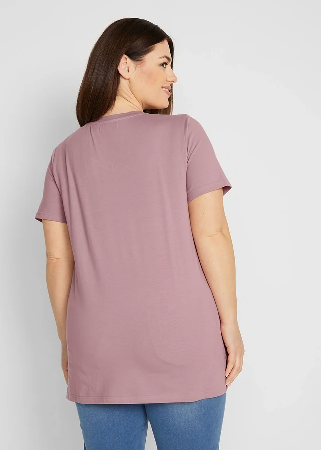 Lot de 2 T-shirts longs col V, Couleur: noir + bois de rose