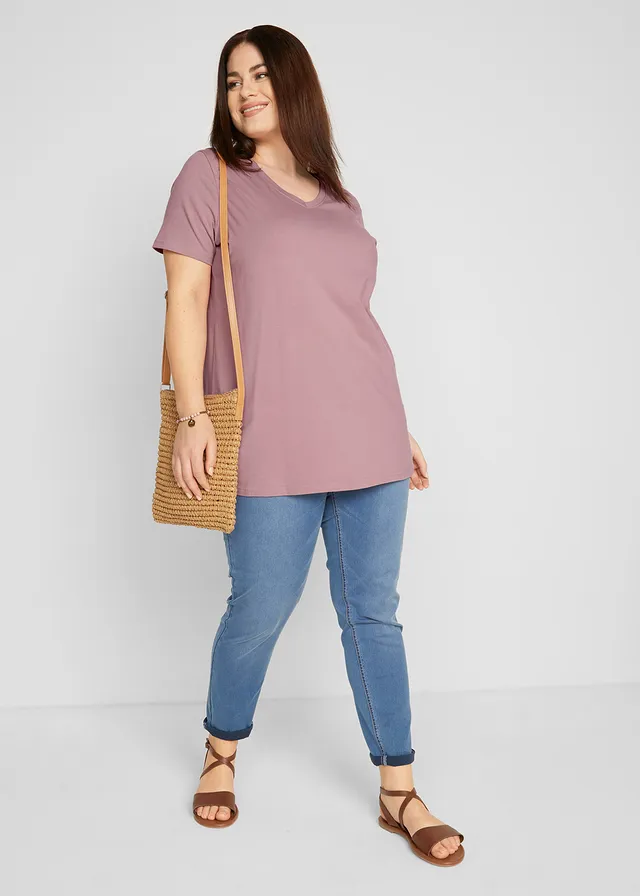 Lot de 2 T-shirts longs col V, Couleur: noir + bois de rose