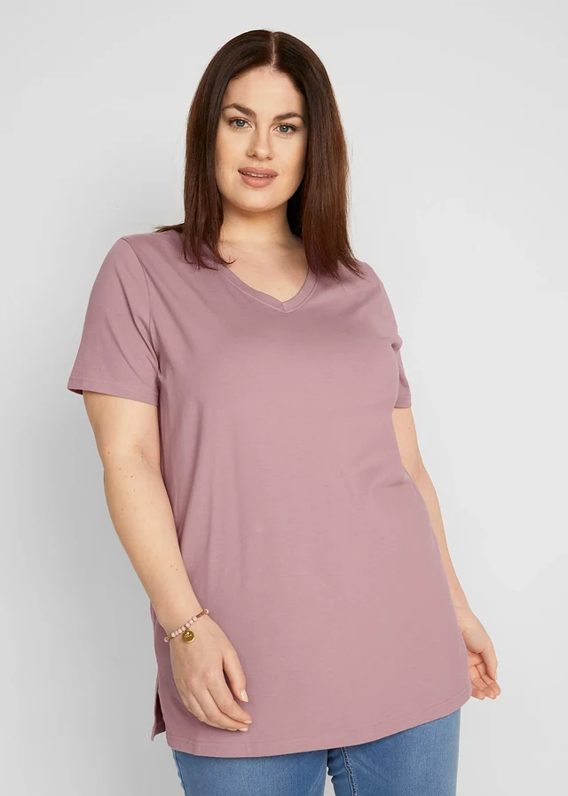 Lot de 2 T-shirts longs col V, Couleur: noir + bois de rose