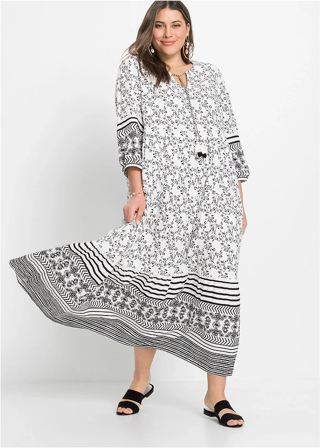Robe longue en viscose fluide, Couleur: blanc/noir graphique