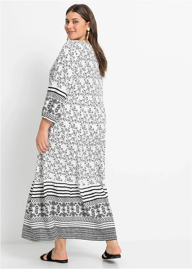Robe longue en viscose fluide, Couleur: blanc/noir graphique