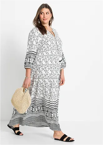 Maxi jurk van soepele viscose, Kleur: wit-lichtblauw grafische print