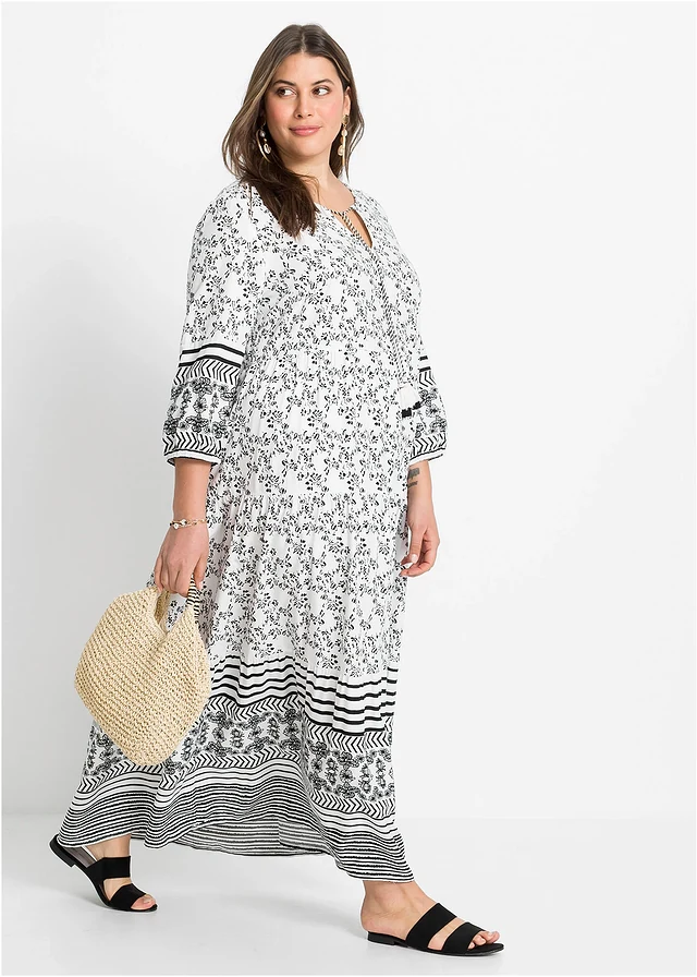 Robe longue en viscose fluide, Couleur: blanc/noir graphique