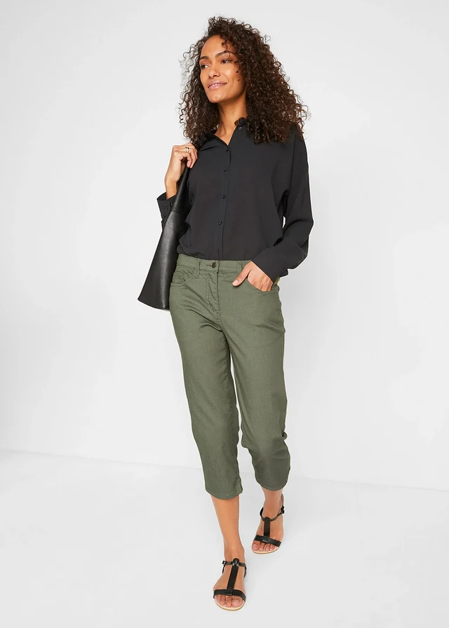 Jean droit, taille mi-haute et confortable, Couleur: olive