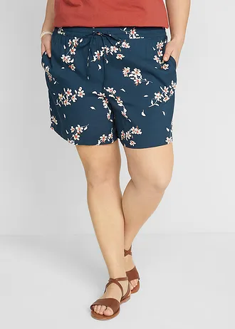 Viskózové šortky se zavazovacím páskem, 2 ks, barva: tmavě modrá s květy + tmavě olivová