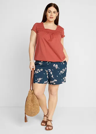 Viskózové šortky se zavazovacím páskem, 2 ks, barva: tmavě modrá s květy + tmavě olivová