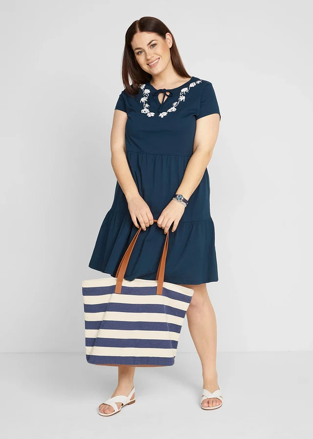 Robe-tunique en coton, manches courtes, Couleur: bleu foncé floral