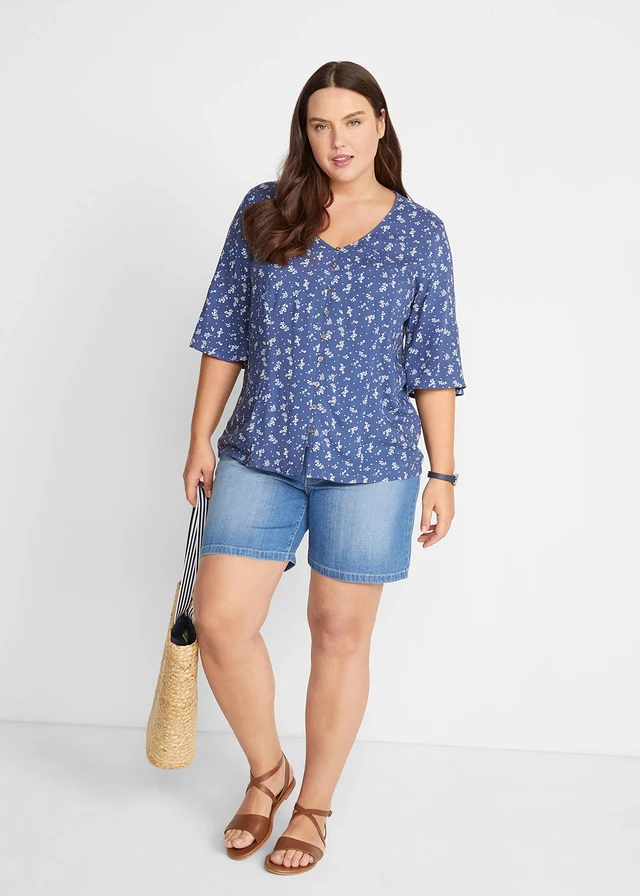 Lot de 2 shorts en jean slim, taille mi-haute, Couleur: bleu clair + bleu used
