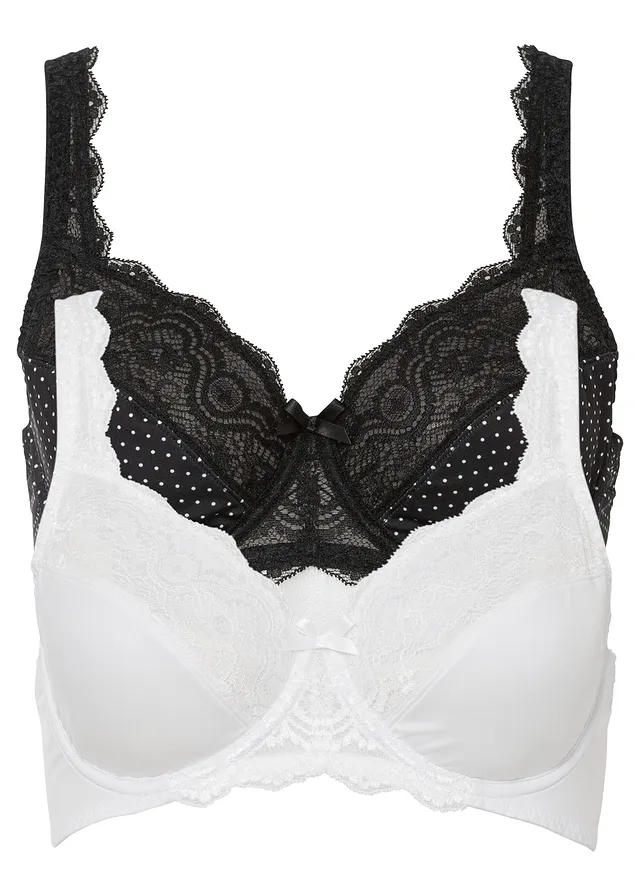 Beugel bh met sierlijk kant (set van 2), Kleur: zwart gestippeld+wolwit
