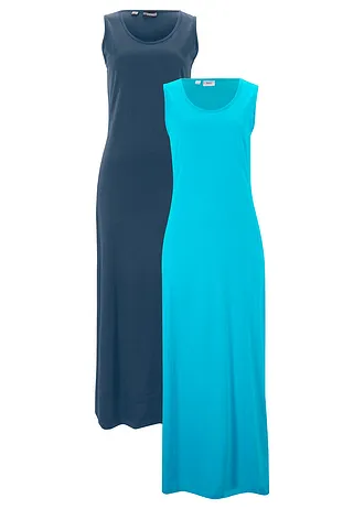 Lot de 2 robes longues 100% coton, Couleur: bleu caraïbes uni+bleu foncé uni
