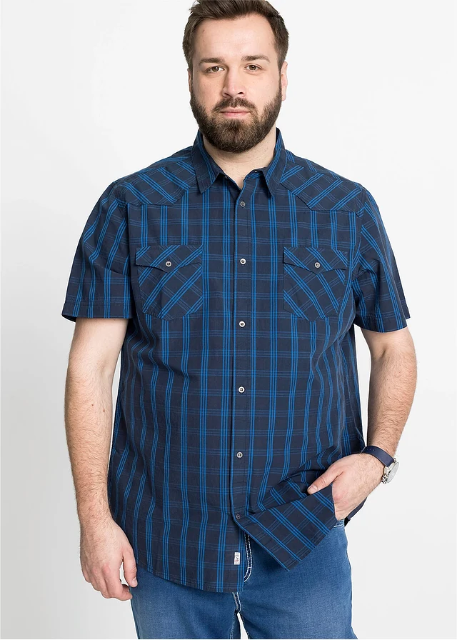 Chemise manches courtes 100% coton, Couleur: bleu foncé carreaux