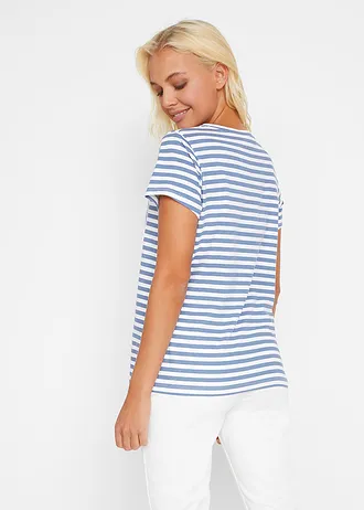 T-shirt w paski, kolor: niebieski jeans-biały w paski