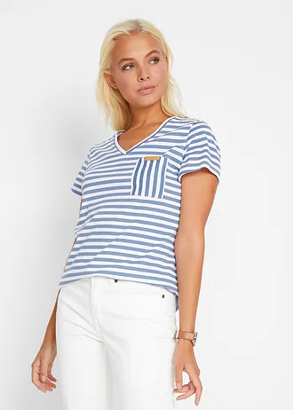 T-shirt w paski, kolor: niebieski jeans-biały w paski