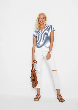 T-shirt w paski, kolor: niebieski jeans-biały w paski