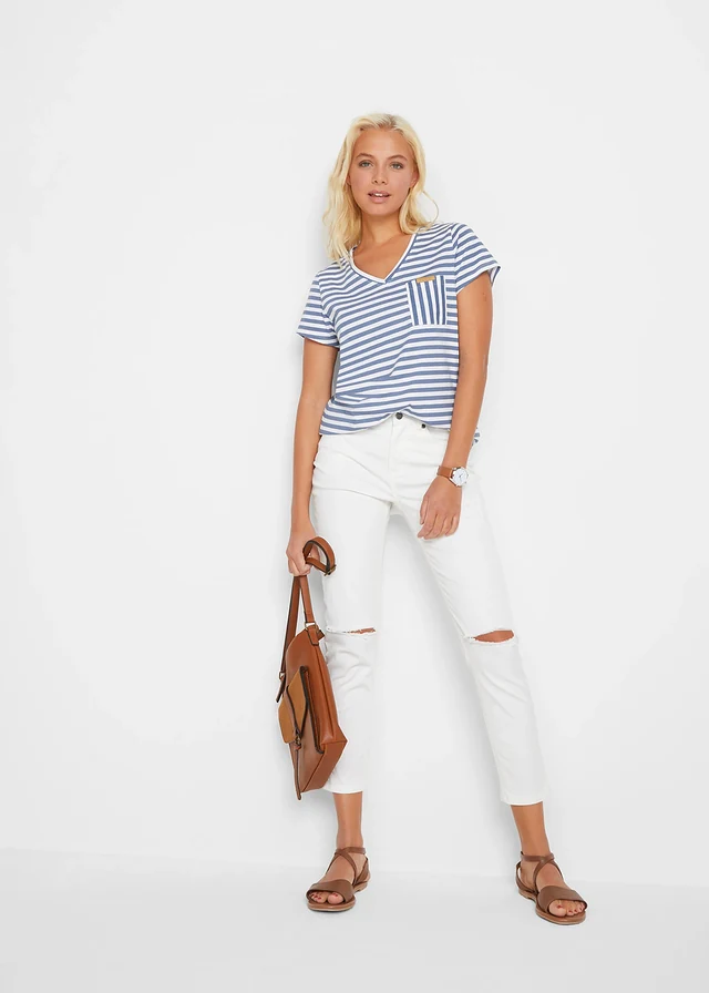 T-shirt, gestreept, Kleur: jeansblauw-wit gestreept
