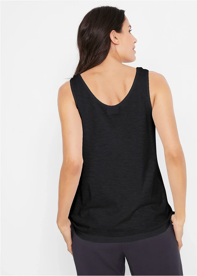 Katoenen top met knoopdetails, Kleur: zwart