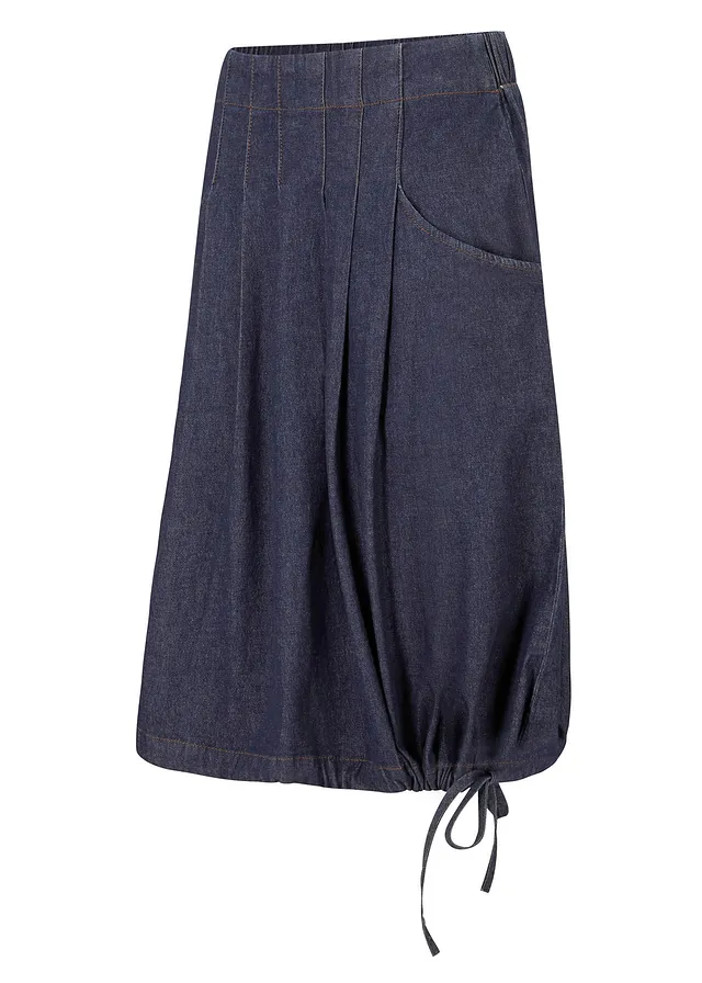 Jupe en jean extensible avec plis religieuse, lien à nouer et taille confortable, Couleur: bleu foncé denim
