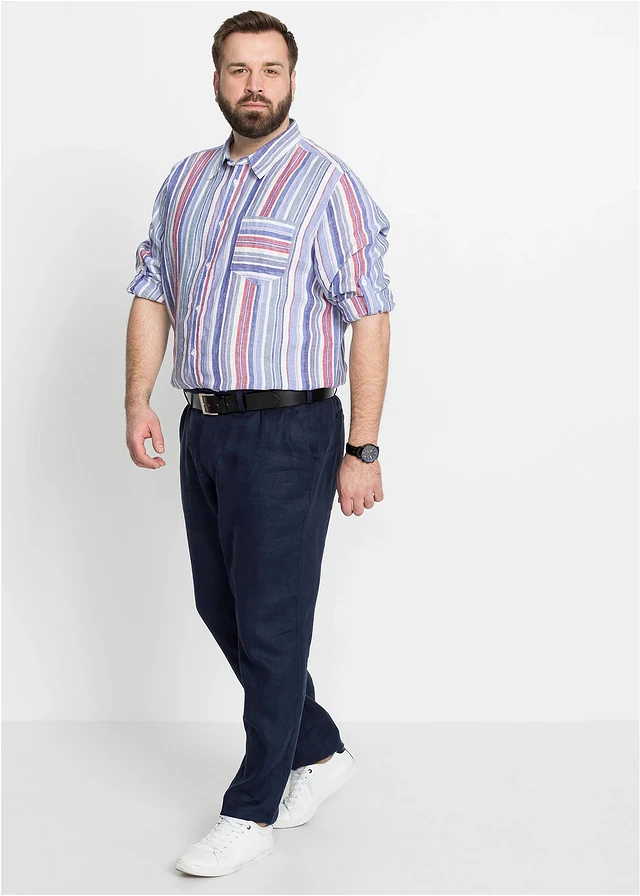 Pantalon chino regular en lin mélangé, droit, Couleur: bleu foncé