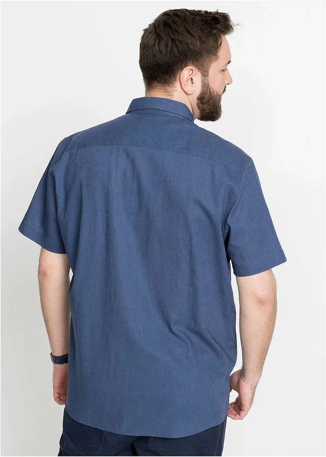Overhemd met linnen, korte mouw, Kleur: indigo
