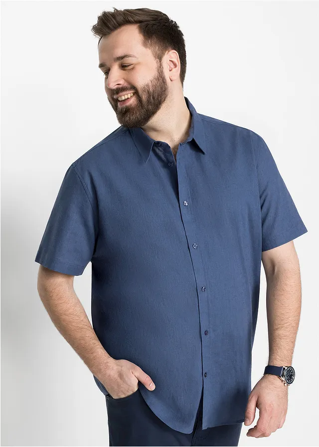 Overhemd met linnen, korte mouw, Kleur: indigo